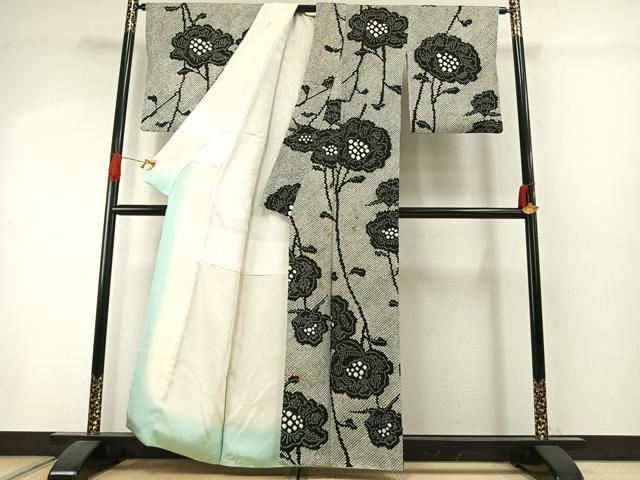 平和屋着物●上質な小紋 本疋田絞り 草花文 黒地 正絹 逸品 AABI8935fy