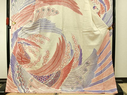 平和屋着物●名門 藤娘きぬたや・総絞り 振袖 孔雀花文 正絹 逸品 AABI8936fy
