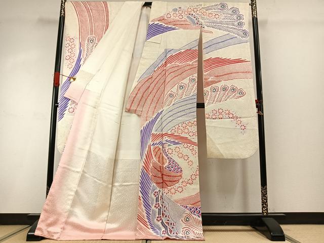 平和屋着物●名門 藤娘きぬたや・総絞り 振袖 孔雀花文 正絹 逸品 AABI8936fy