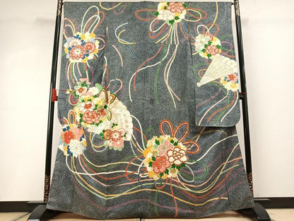 平和屋着物●豪華振袖 扇面花文 たたき染め 金彩 正絹 逸品 AABI8938fy