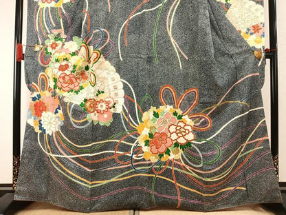 平和屋着物●豪華振袖 扇面花文 たたき染め 金彩 正絹 逸品 AABI8938fy