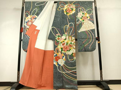 平和屋着物●豪華振袖 扇面花文 たたき染め 金彩 正絹 逸品 AABI8938fy