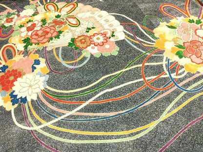 平和屋着物●豪華振袖 扇面花文 たたき染め 金彩 正絹 逸品 AABI8938fy