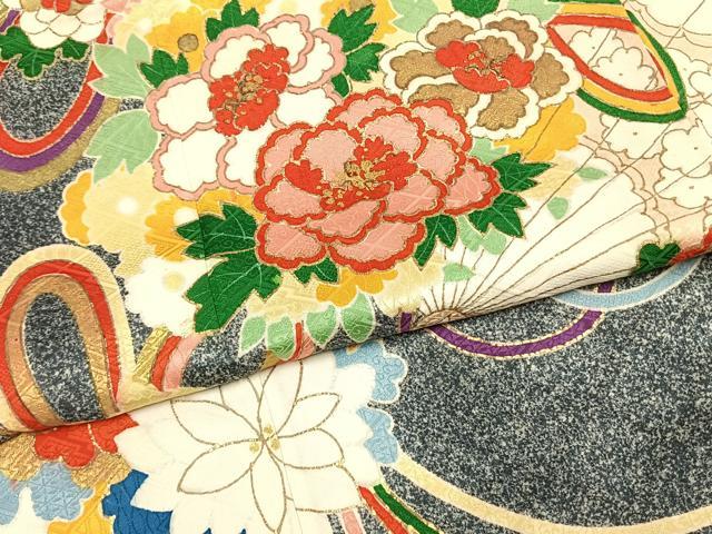 平和屋着物●豪華振袖 扇面花文 たたき染め 金彩 正絹 逸品 AABI8938fy