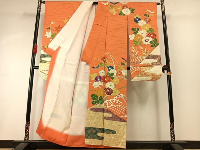 平和屋着物●豪華振袖 駒刺繍 草花文 金彩 正絹 逸品 AABI8941fy