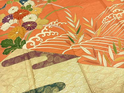 平和屋着物●豪華振袖 駒刺繍 草花文 金彩 正絹 逸品 AABI8941fy