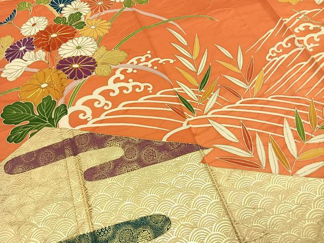 平和屋着物●豪華振袖 駒刺繍 草花文 金彩 正絹 逸品 AABI8941fy