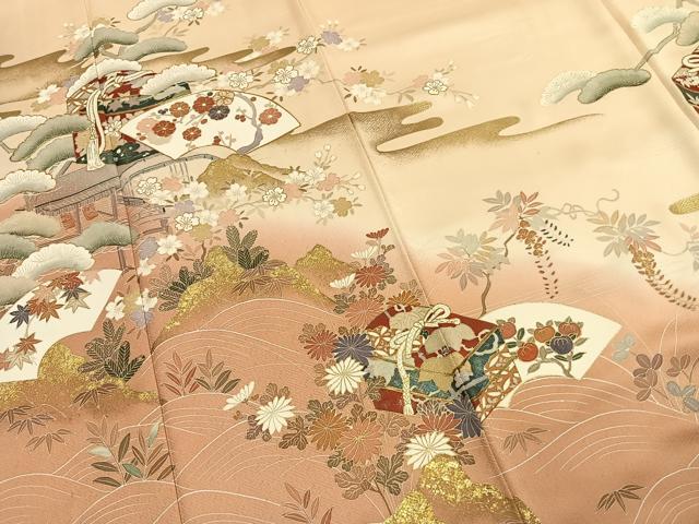 平和屋着物●訪問着 駒刺繍 松竹梅 地紙花文 暈し染め 金彩 正絹 逸品 AABI8943fy