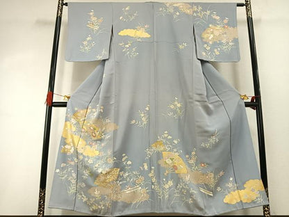 平和屋着物●訪問着 駒刺繍 扇面花文 金彩 正絹 逸品 未使用 AABI8944fy