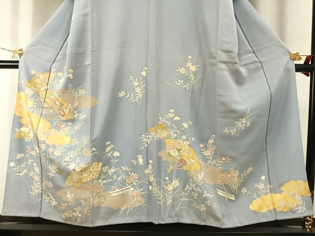 平和屋着物●訪問着 駒刺繍 扇面花文 金彩 正絹 逸品 未使用 AABI8944fy