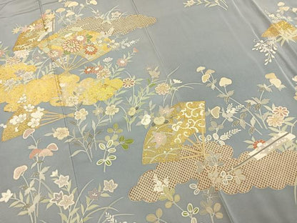平和屋着物●訪問着 駒刺繍 扇面花文 金彩 正絹 逸品 未使用 AABI8944fy
