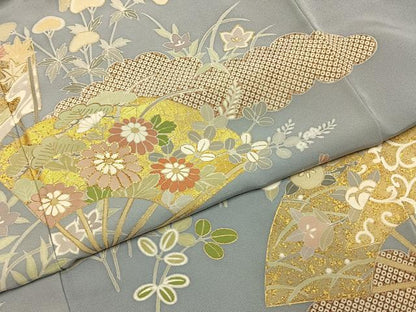 平和屋着物●訪問着 駒刺繍 扇面花文 金彩 正絹 逸品 未使用 AABI8944fy