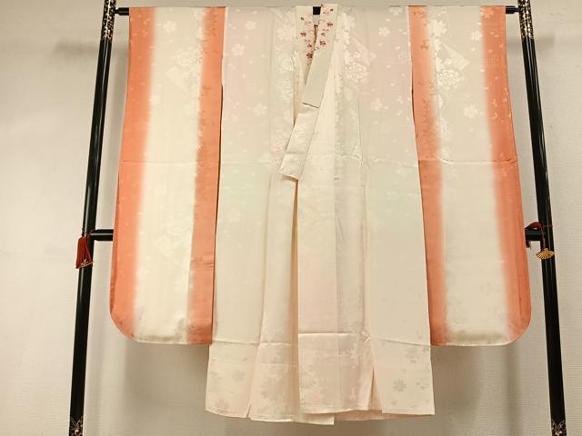 平和屋着物●振袖用長襦袢　無双仕立て　舞桜地紋　暈し染め　半衿刺繍　正絹　逸品　AABI8946fy