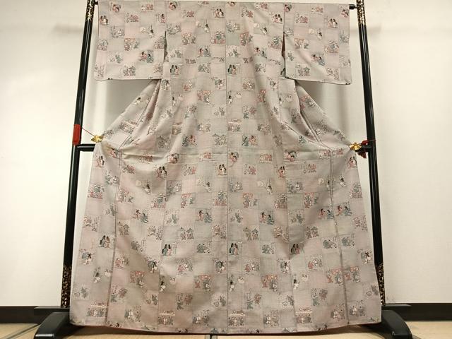 平和屋着物●上質な小紋　本場大島紬地　100亀甲　総詰め　色紙人物文　正絹　逸品　AABI8953fy