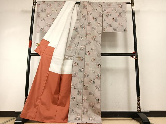 平和屋着物●上質な小紋　本場大島紬地　100亀甲　総詰め　色紙人物文　正絹　逸品　AABI8953fy