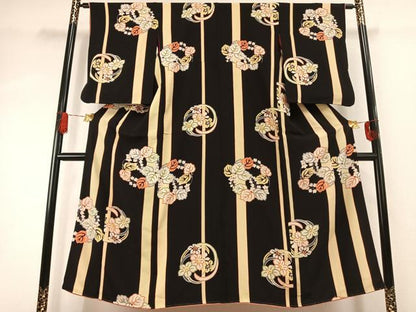 平和屋着物●アンティーク 大正ロマン 小紋 型染め 草花文 黒地 正絹 逸品 AABI8954fy