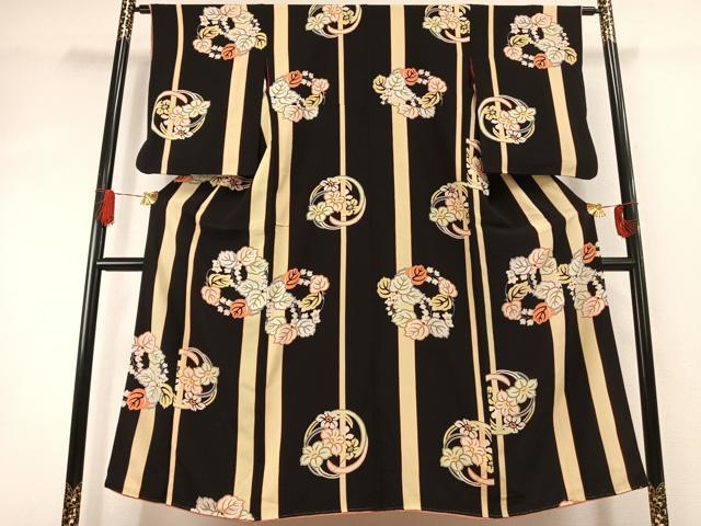 平和屋着物●アンティーク 大正ロマン 小紋 型染め 草花文 黒地 正絹 逸品 AABI8954fy