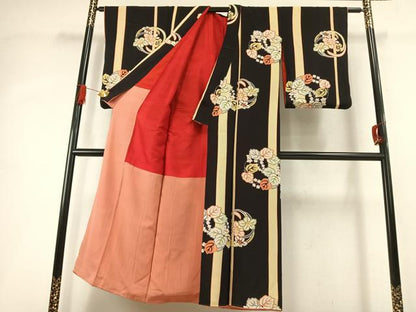 平和屋着物●アンティーク 大正ロマン 小紋 型染め 草花文 黒地 正絹 逸品 AABI8954fy