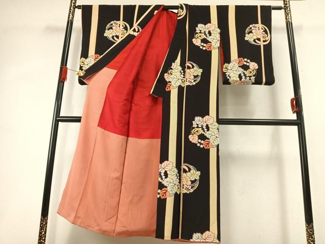 平和屋着物●アンティーク 大正ロマン 小紋 型染め 草花文 黒地 正絹 逸品 AABI8954fy