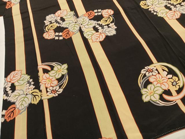 平和屋着物●アンティーク 大正ロマン 小紋 型染め 草花文 黒地 正絹 逸品 AABI8954fy