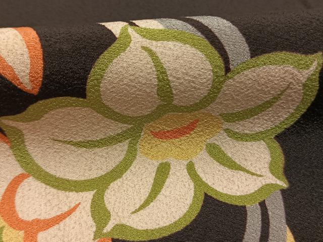 平和屋着物●アンティーク 大正ロマン 小紋 型染め 草花文 黒地 正絹 逸品 AABI8954fy