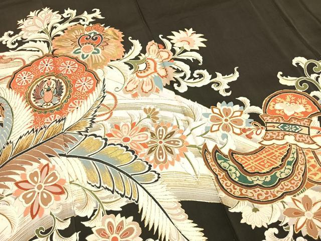 平和屋着物●アンティーク 大正ロマン 黒留袖 駒刺繍 吉祥花文 金彩 正絹 逸品 AABI8956fy