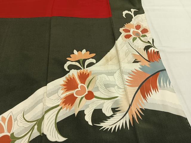 平和屋着物●アンティーク 大正ロマン 黒留袖 駒刺繍 吉祥花文 金彩 正絹 逸品 AABI8956fy