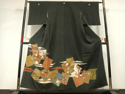 平和屋着物●豪華黒留袖　駒刺繍　色紙重ね花文　金彩　高島屋扱い　正絹　逸品　AABI8957fy