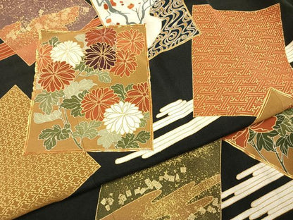 平和屋着物●豪華黒留袖　駒刺繍　色紙重ね花文　金彩　高島屋扱い　正絹　逸品　AABI8957fy