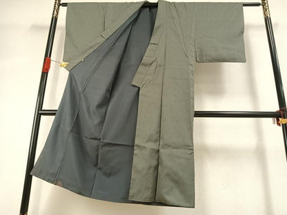 平和屋着物●男性　お召　アンサンブル　着物：青鈍色　羽織：岩井茶色　高島屋扱い　正絹　逸品　AABI8960fy