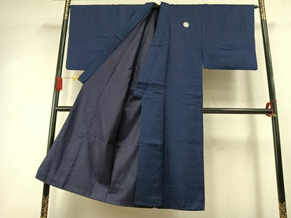 平和屋着物●男性　色紋付　羽織セット　菱地紋　濃藍色　洗える着物　AABI8965fy