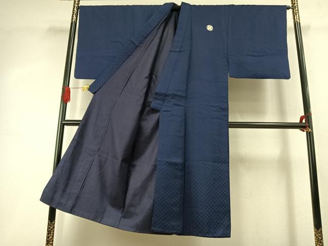 平和屋着物●男性　色紋付　羽織セット　菱地紋　濃藍色　洗える着物　AABI8965fy