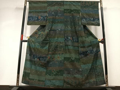 平和屋着物●小千谷紬 百柄 横段花文 正絹 逸品 AABI8968fy