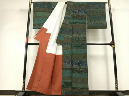 平和屋着物●小千谷紬 百柄 横段花文 正絹 逸品 AABI8968fy