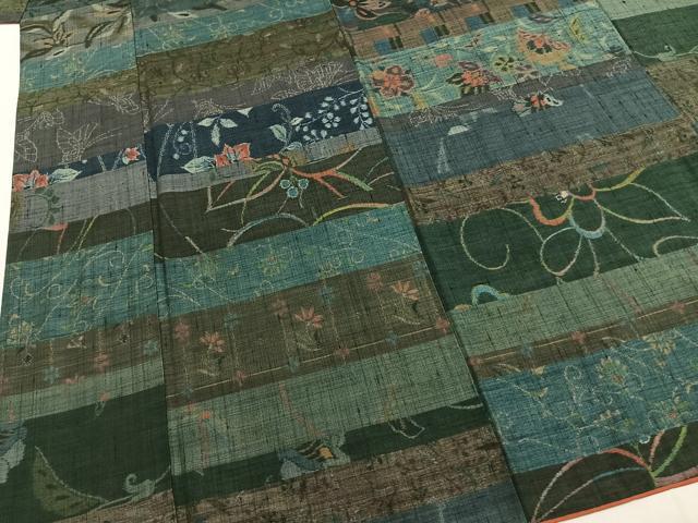 平和屋着物●小千谷紬 百柄 横段花文 正絹 逸品 AABI8968fy