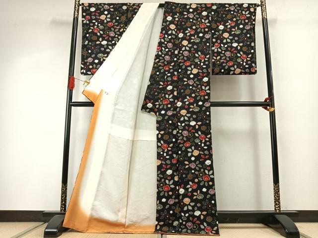 平和屋着物●上質な小紋 絞り 草花文 黒地 金彩 ゑり善扱い 正絹 逸品 AABI8969fy