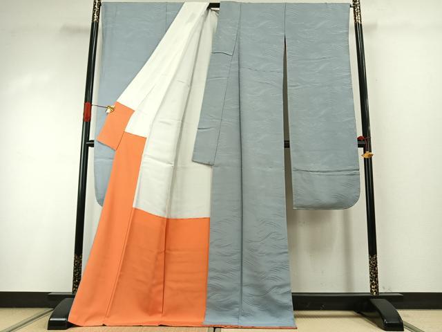 平和屋着物●豪華振袖 色無地 立波地紋 白藍色 正絹 逸品 AABI8981fy
