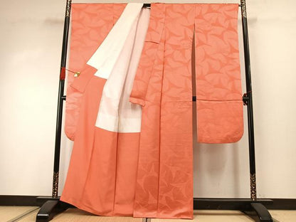 平和屋着物●豪華振袖　色無地　飛鳥地紋　鉛丹色　正絹　逸品　AABI9003fy