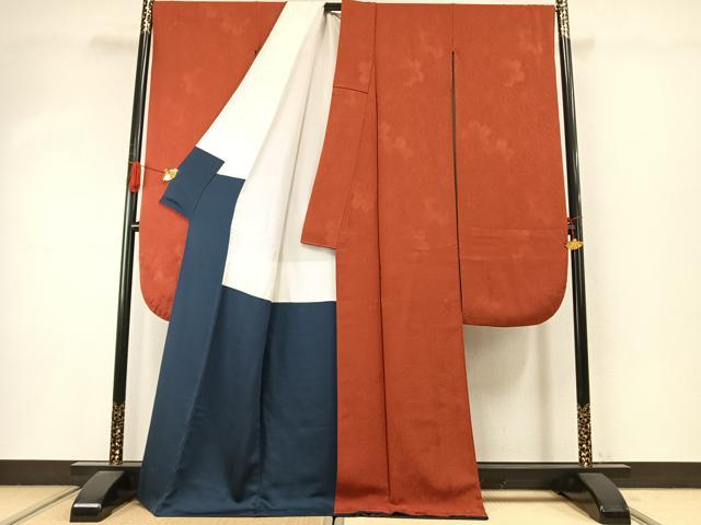 平和屋着物●豪華振袖　色無地　麻の葉文様　舞桜地紋　赤丹色　正絹　逸品　AABI9006fy