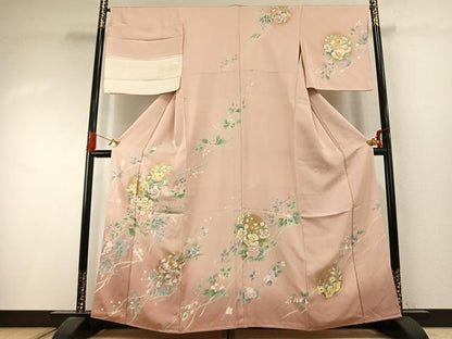 平和屋着物●訪問着　草花文　暈し染め　金彩　丹後ちりめん　反端付き　正絹　逸品　AABI9018fy