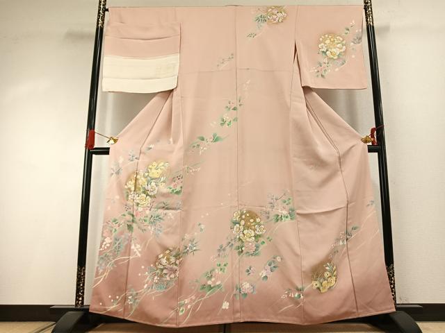 平和屋着物●訪問着　草花文　暈し染め　金彩　丹後ちりめん　反端付き　正絹　逸品　AABI9018fy