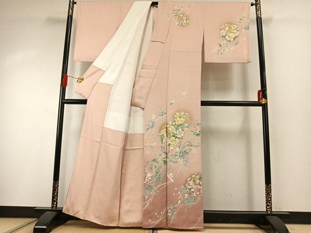 平和屋着物●訪問着　草花文　暈し染め　金彩　丹後ちりめん　反端付き　正絹　逸品　AABI9018fy