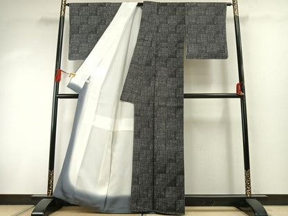 平和屋着物●赤城生紬　市松格子文　反端付き　正絹　逸品　未使用　AABI9019fy