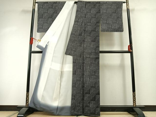 平和屋着物●赤城生紬　市松格子文　反端付き　正絹　逸品　未使用　AABI9019fy