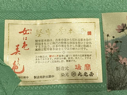 平和屋着物●本草木染作家　瑞寶　色無地　堅牢草木染　霞地紋　薄萌葱色　反端付き　正絹　逸品　AABI9020fy