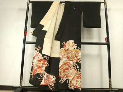平和屋着物●アンティーク　大正ロマン　黒留袖　駒刺繍　扇面花鳥文　金糸　金彩　正絹　逸品　AABI9026fy