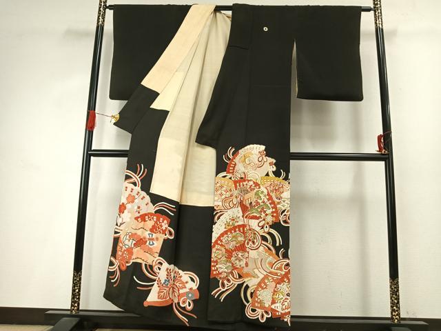 平和屋着物●アンティーク　大正ロマン　黒留袖　駒刺繍　扇面花鳥文　金糸　金彩　正絹　逸品　AABI9026fy