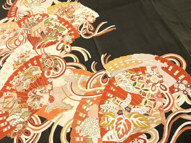 平和屋着物●アンティーク　大正ロマン　黒留袖　駒刺繍　扇面花鳥文　金糸　金彩　正絹　逸品　AABI9026fy