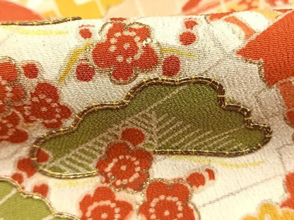 平和屋着物●アンティーク　大正ロマン　黒留袖　駒刺繍　扇面花鳥文　金糸　金彩　正絹　逸品　AABI9026fy