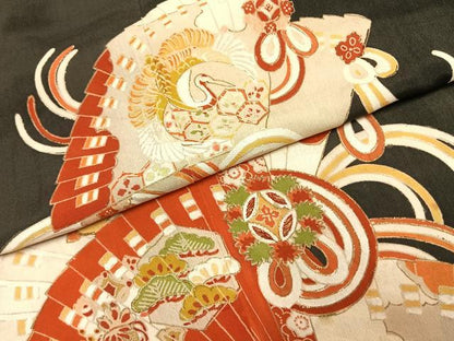 平和屋着物●アンティーク　大正ロマン　黒留袖　駒刺繍　扇面花鳥文　金糸　金彩　正絹　逸品　AABI9026fy